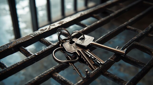 Keyring with several keys, including the key to the entrance grate of a prison