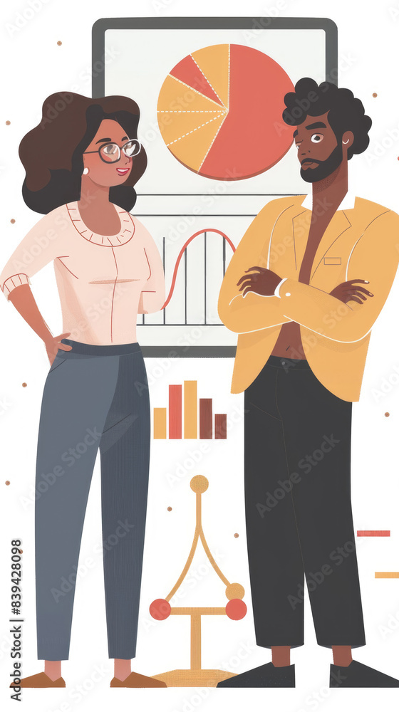 Poster two businesspeople stand in front of a whiteboard with charts and graphs. they appear to be discussi