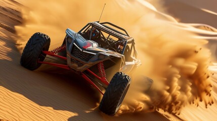 Rally buggy speeding through sand dunes in a desert landscape
