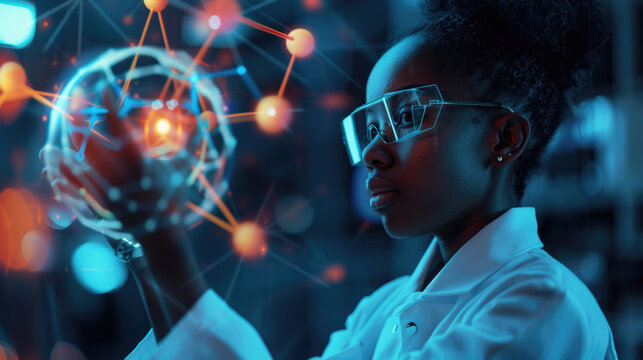 A woman in a lab coat examines a holographic network structure with a concentrated look