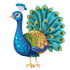 Colorful illustration of a majestic peacock with vibrant feathers and intricate details, perfect for decorative designs.