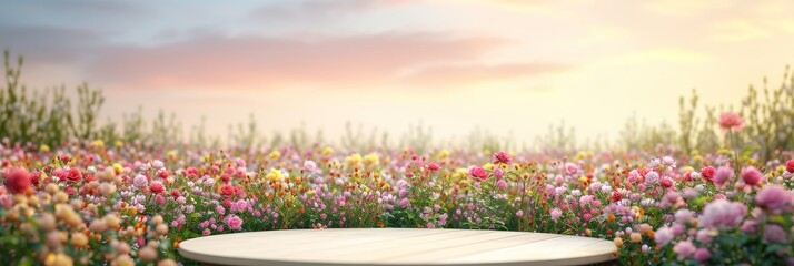Spring rose flower field as a natural beauty podium backdrop