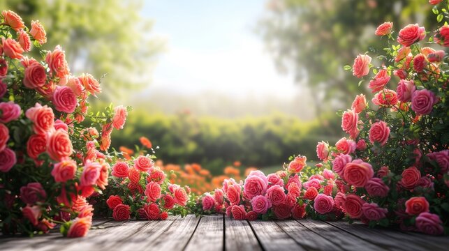 Spring rose flower field as a natural beauty podium backdrop