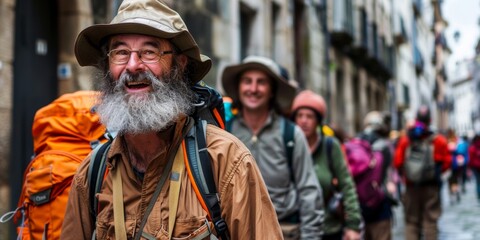 Obraz premium The Journey of St. James - Embracing Retirement with Joy and Positivity，Way of St. James | Pilgrims arrive in Santiago de Compostela, tourism, positive attitude towards life, retirement life, high pen