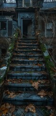 closeup set stairs leading creepy house great brooklyn background depressing deserted frightful pro blurry lifelike overgrowth balconies