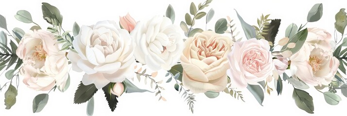 Elegant wedding card border design with soft edges and a light white color palette. romantic floral motifs in a delicate watercolor style. wedding theme elements and wedding clipart.