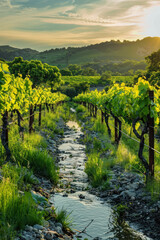 Naklejka premium Rows of Grapevines by Small Stream, Harvest time, a stage in the wine-making process, les vendanges, grape harvesting, a seasonal job.