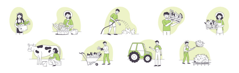 Farmer People Character Doing Agricultural Work Vector Set