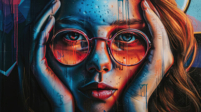 Close-up of a vibrant street art mural depicting a woman wearing glasses. The artwork is painted with bright colors and bold lines, capturing the womans intense gaze