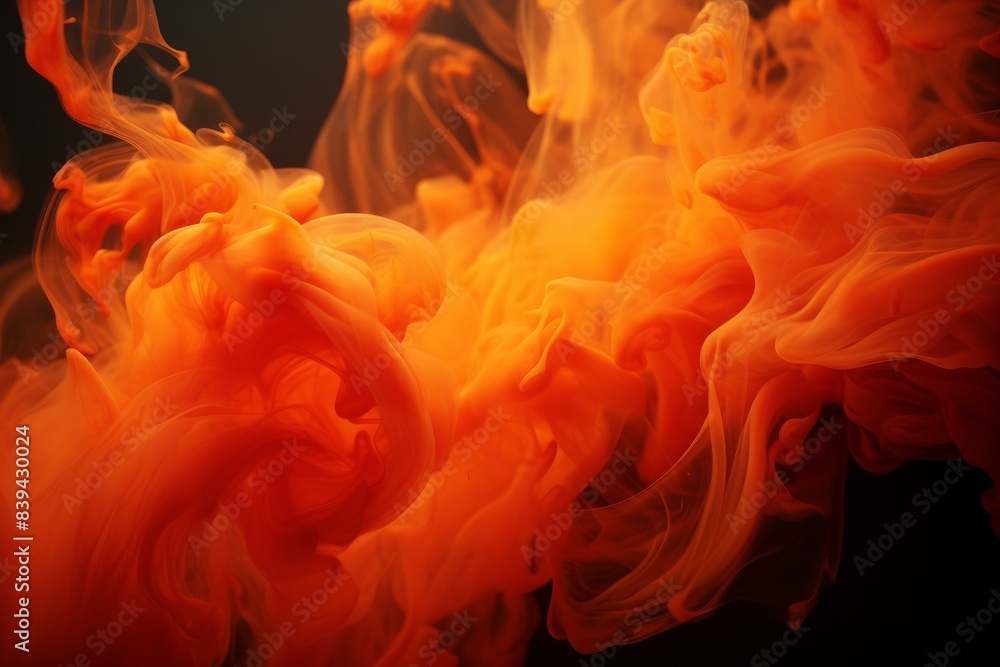 Poster elegant orange and red ink clouds swirling dramatically in water, creating an abstract fiery effect