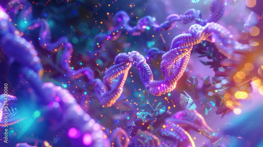 Poster a vibrant 3d rendering of a dna molecule, showcasing its double helix structure in a colorful and ab