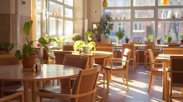 Mid-Level Perspective of Elderly Home Dining Area with Round Tables and Cheerful Decor
