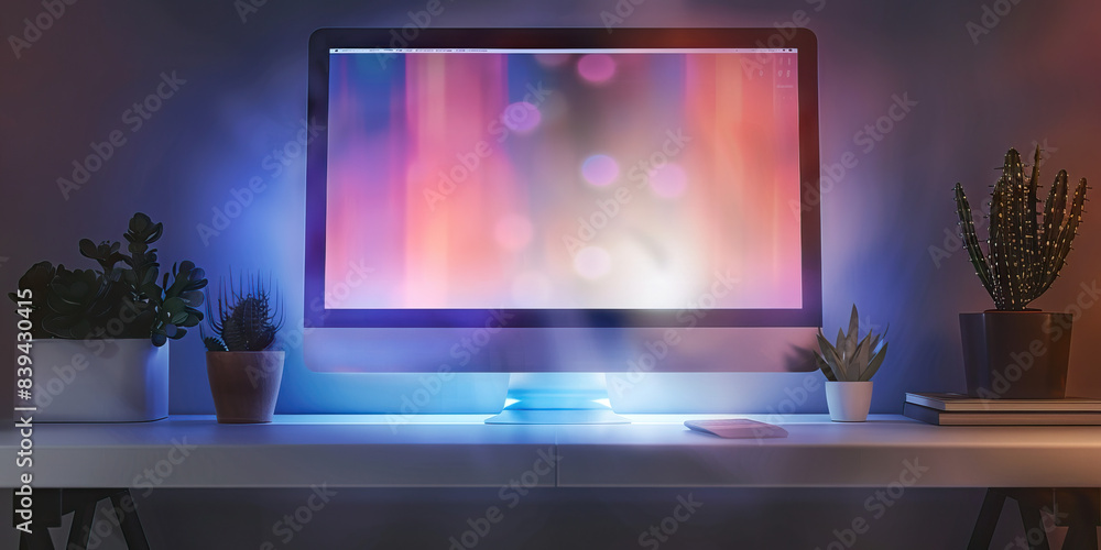 Poster the ethereal network: a holographic computer screen floating above a minimalistic desk