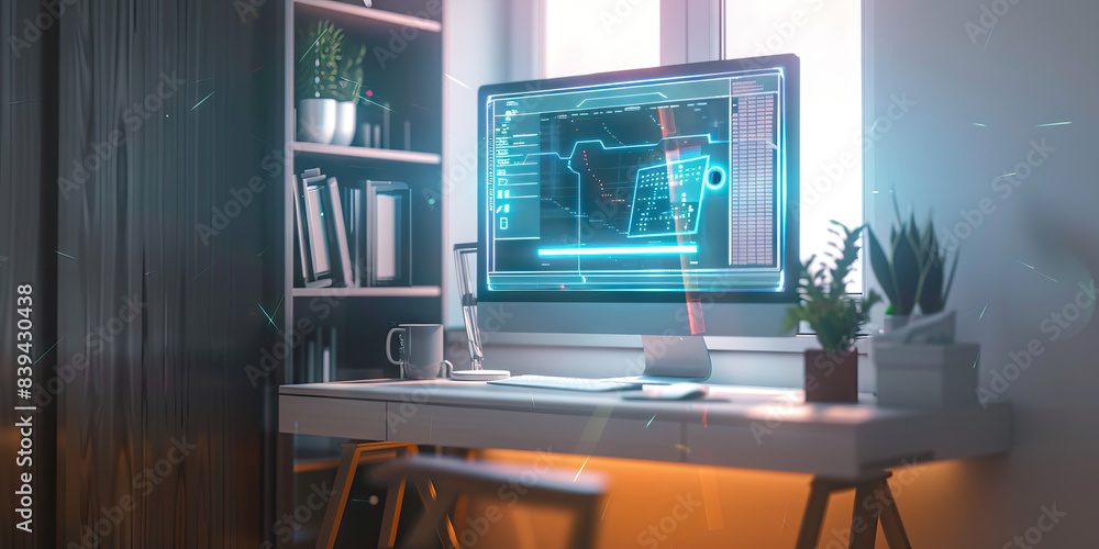 Poster the ethereal network: a holographic computer screen floating above a minimalistic desk