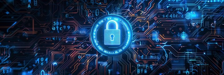 cyber security concept closeup motherboard with digital padlock. Secure connection theme or background for safety lock online security. cybersecurity web banner design.