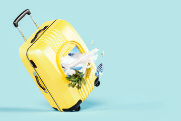 Summer travel concept design. Yellow luggage with airplane window and beautiful sea view on blue...