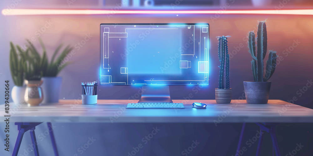 Poster the ethereal network: a holographic computer screen floating above a minimalistic desk