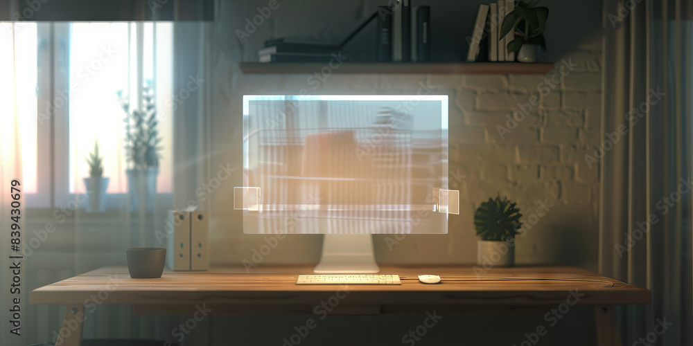 Poster the ethereal network: a holographic computer screen floating above a minimalistic desk