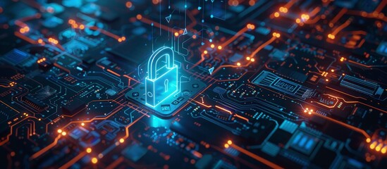 cyber security concept closeup motherboard with digital padlock. Secure connection theme or background for safety lock online security. cybersecurity web banner design.