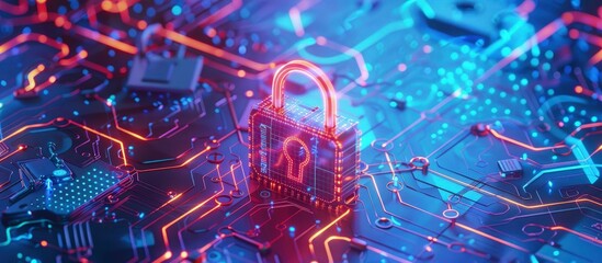 cyber security concept closeup motherboard with digital padlock. Secure connection theme or background for safety lock online security. cybersecurity web banner design.