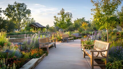 Elderly Home Garden with Paved Paths, Raised Flower Beds, and Benches