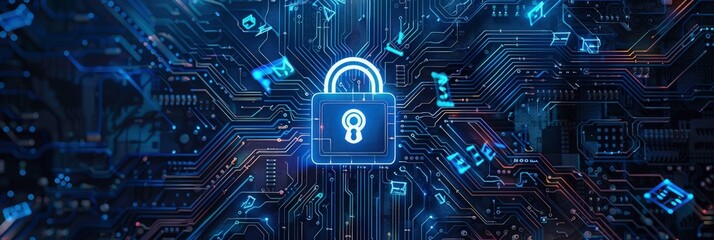 cyber security concept closeup motherboard with digital padlock. Secure connection theme or background for safety lock online security. cybersecurity web banner design.