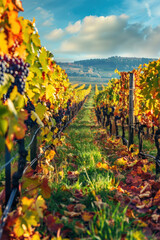 Fototapeta premium Colorful Autumn Grapevines Aerial View, Harvest time, a stage in the wine-making process, les vendanges, grape harvesting, a seasonal job.