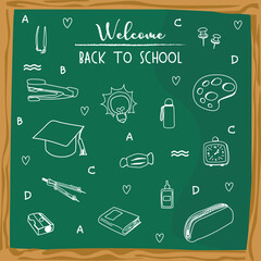 Back to school on green board background. Vector illustration.