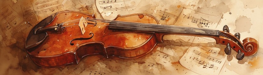 Obraz premium A violin is painted on a piece of paper with a musical score, illustration fiddle and musical notes.