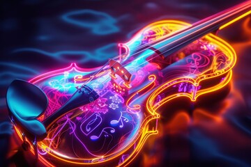 Obraz premium A neon colored violin with a colorful design on it, illustration fiddle and musical notes.