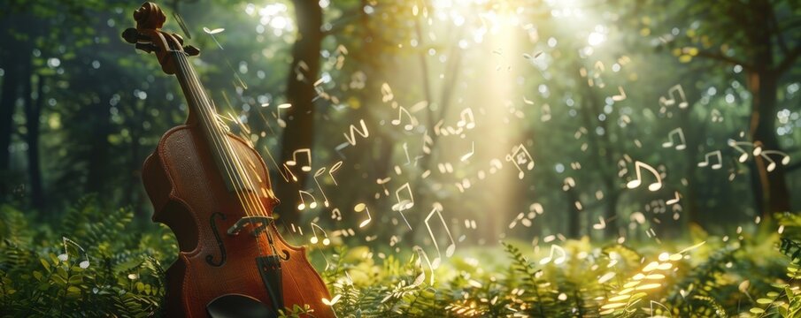 A violin is sitting in a forest with notes scattered around it, illustration fiddle and musical notes.