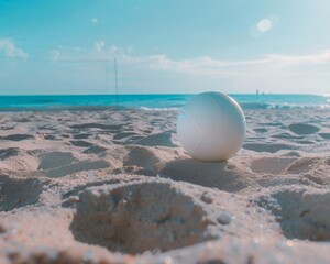 Obraz premium White volley ball on the sandy sea beach. Summer sports beach vacations concept. Top view. Copy space.