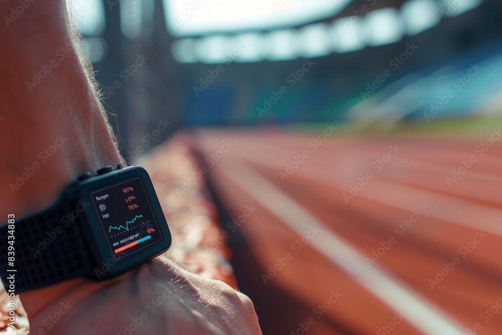 Poster athlete's performance metrics on fitness tracker display at running track - smartwatch technology