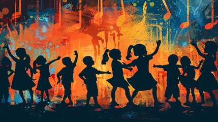 A graphic of children participating in a school play, promoting arts and education