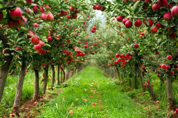 Genetically Modified Apple Orchard Blooming with Perfectly Shaped Red Apples