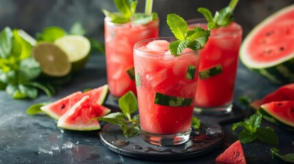 Set of Cold Watermelon Smoothie on table.