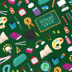 Back to school with elements for educational learning objects on green board. Vector illustration.