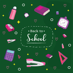 Back to school with elements for educational learning objects on green board. Vector illustration.