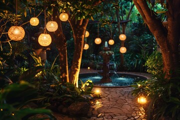 Serene Summer Garden with Ambient Lighting and Glowing Water Fountain at Night