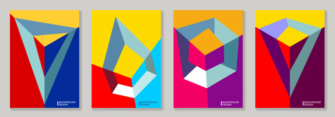 Modern abstract covers set with 3D geometric colorful  background for cover design, brochure, catalog, menu design, social media, flyer, cards, poster. Op art vector illustration with optical illusion