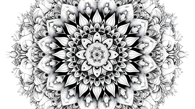 Intricate Black and White Radial Mandala with Clear Lines and Geometric Design