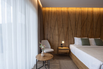 Interior of a hotel bedroom in the morning