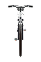 White bicycle, front view. Black leather saddle and handles. Png clipart isolated on transparent background