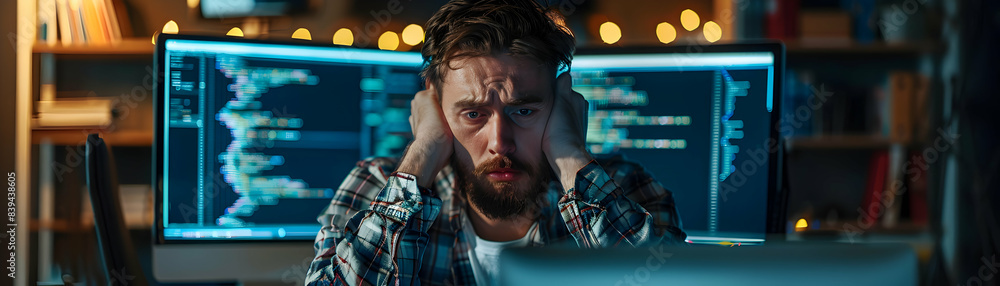 Poster stressed developer in high tech workspace observing failed code deployment, frustrated, casual attir