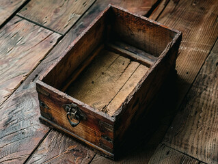 Obraz premium A wooden chest with a rusty lock is open. The chest is empty and has a worn appearance