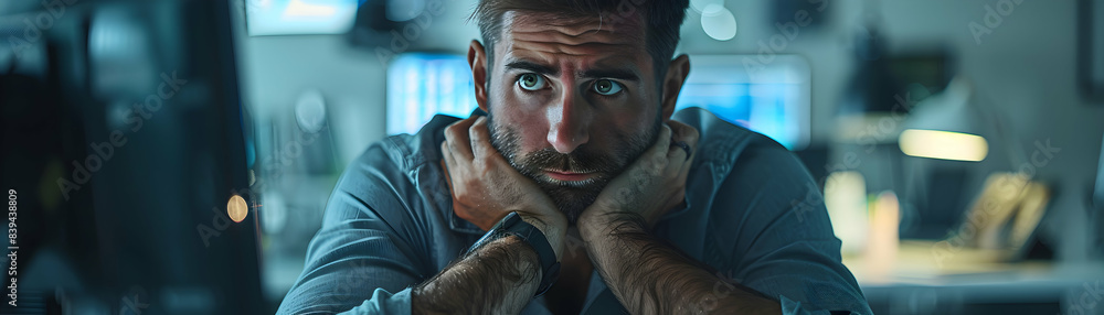 Poster stressed developer in casual attire examining failed software update on computer in high tech office