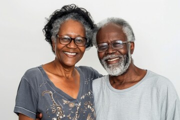 Portrait of a merry afro-american couple in their 70s dressed in a casual t-shirt on white background