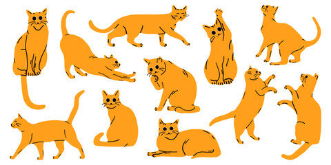 Cute and funny cats doodle vector set. Cartoon characters of red cats or kittens in different poses. Set of pets, isolated, no background.