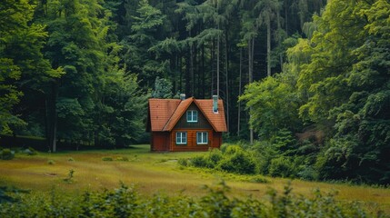 Fototapeta premium A Woodland Retreat: A Cozy Cabin Nestled in the Green Embrace of a Lush Forest