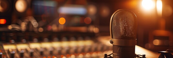 Broadcasting equipment including a microphone and headphones, set up in a modern radio station